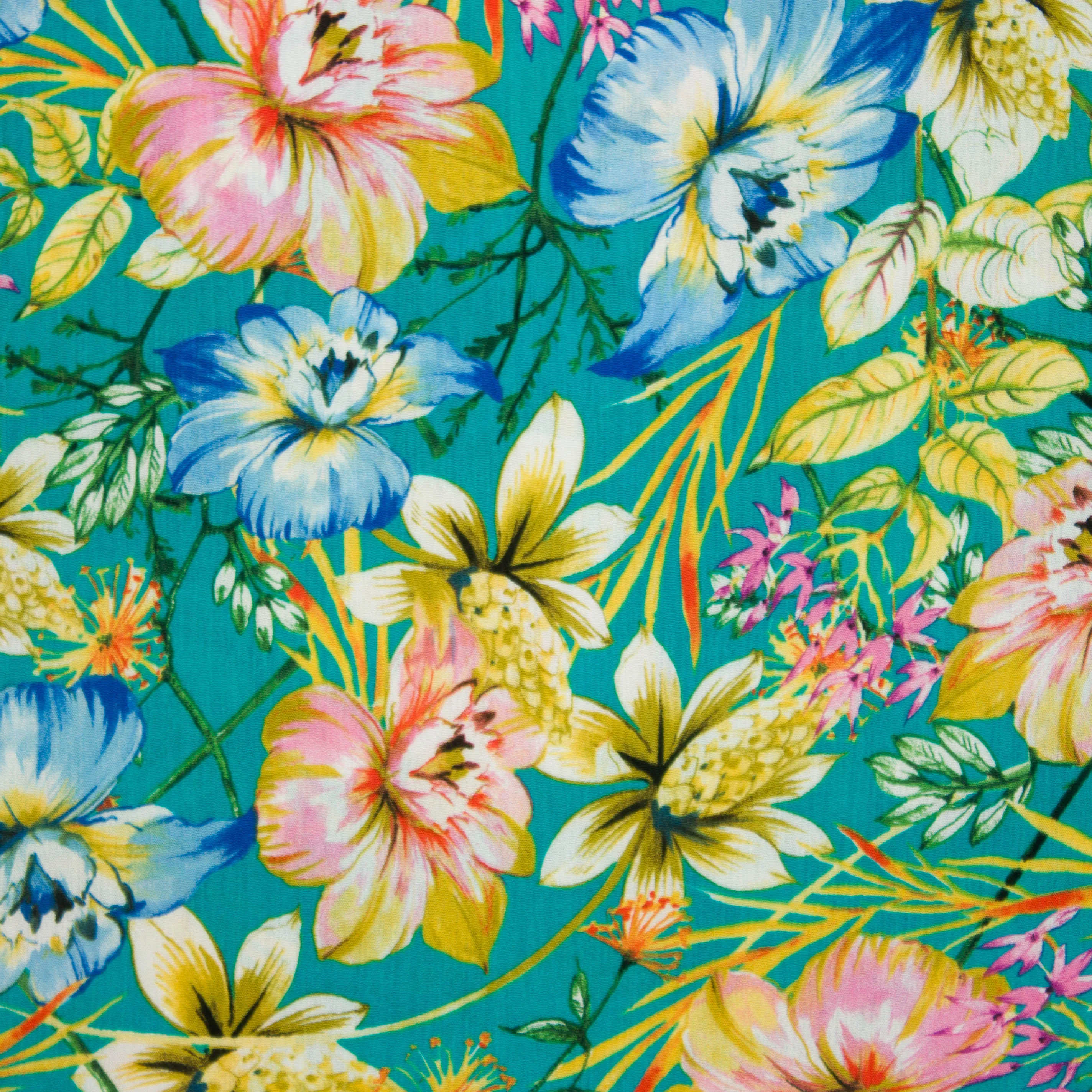 viscose crinkle petrol met grote kleurrijke bloemen